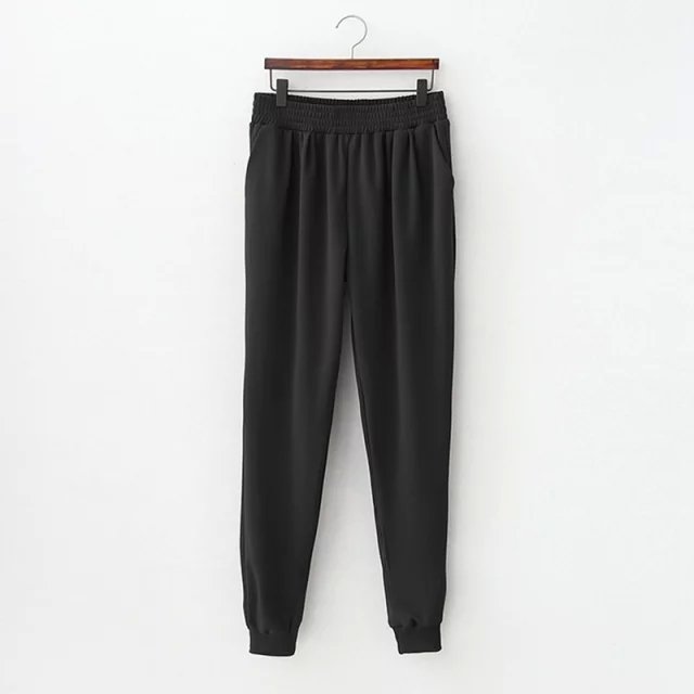 Fashion Women Elegant Black Elastic waist Casual trousers pockets brand designer pants