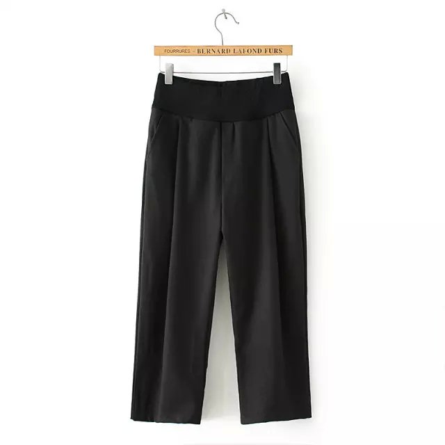 Fashion women Elegant Black Elastic Waist straight Capris pants cozy loose pockets casual brand female trousers