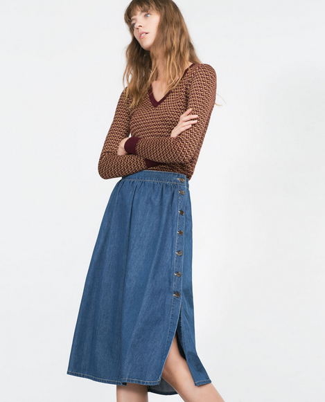 Fashion women elegant Blue Denim Pleated Mid-Calf Skirts button elastic waist Side Open casual Loose brand skirt
