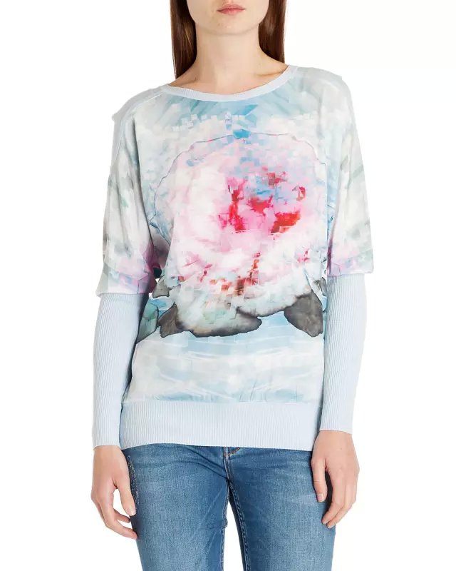 Fashion women elegant blue floral print Knitted patchwork pullover knitwear Casual fit O-neck batwing Sleeve sweaters Tops