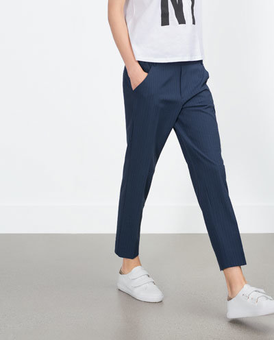 Fashion Women Elegant blue Striped Print Pants Elastic Waist Pockets Casual Brand Capris Trousers Pantalon Femme plus size