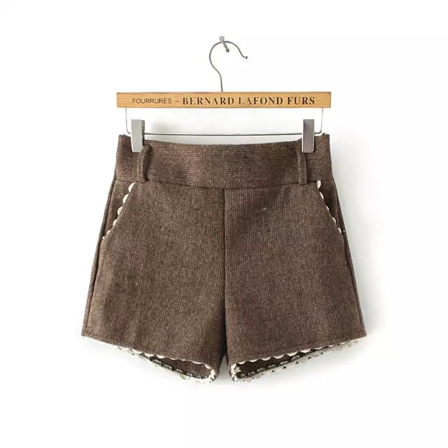 Fashion Women Elegant brown lace woolen shorts Elastic Waist pocket casual brand designer quality