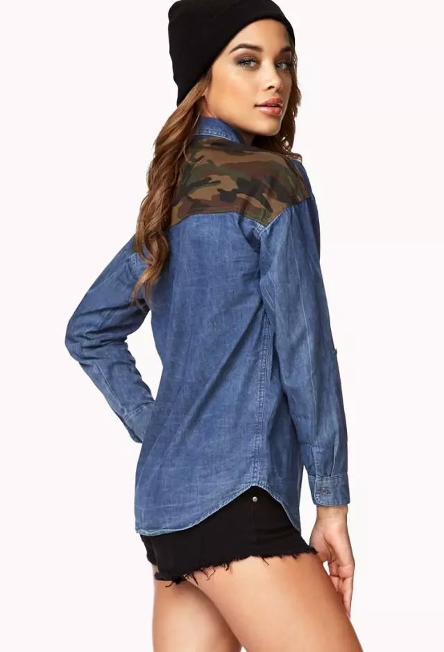 Fashion women elegant camouflage print patchwork blue denim blouse rivet pocket long sleeve button shirts brand tops