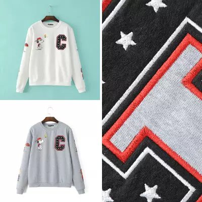 Fashion women elegant Cartoon Print Embroidery sports Hoodies pullover outwear Casual O neck long Sleeve shirts Tops