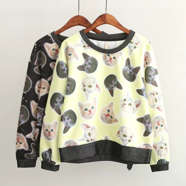 Fashion women elegant Cat print sports pullover sweatshirts Casual O-neck long Sleeve hoodies brand Tops