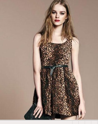 Fashion Women elegant chiffon sexy Leopard print mini pleated Dresses O-neck Sleeveless with belt casual brand