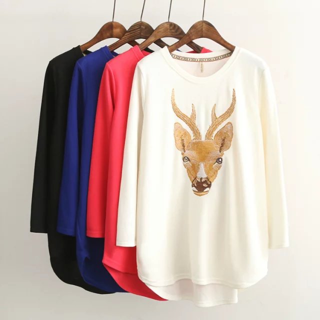 Fashion women elegant Deer Embroidery long pullover sweatshirts Casual O-neck long Sleeve shirts brand Tops