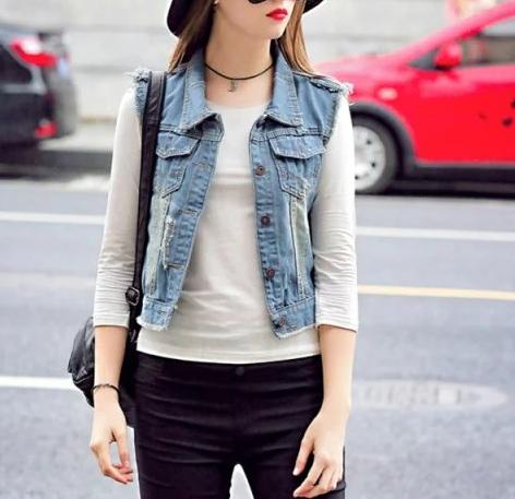Fashion women elegant Denim Ripped short vest Jacket coat pockets outwear casual slim streetwear brand tops