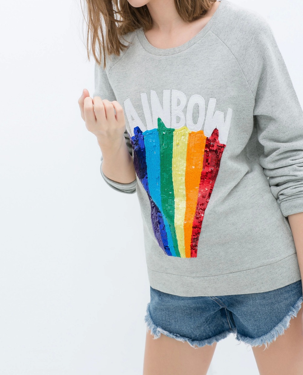Fashion women elegant Embroidery Sequins rainbow sports pullover outwear Casual O neck long Sleeve shirts Tops