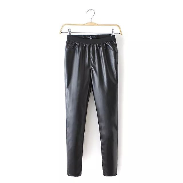 Fashion women Elegant Faux leather Black pants leisure pants pockets slim trousers brand pants