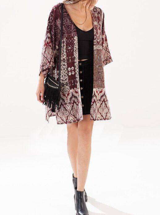 Fashion Women elegant Geometric print Kimono outwear loose vintage cape coat batwing sleeve casual cardigan brand top