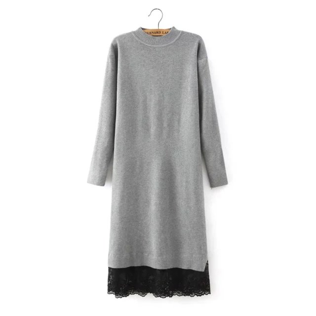 Fashion women elegant gray knitted Lace patchwork Mid-Calf Dress Vintage Turtleneck long sleeve casual brand for female