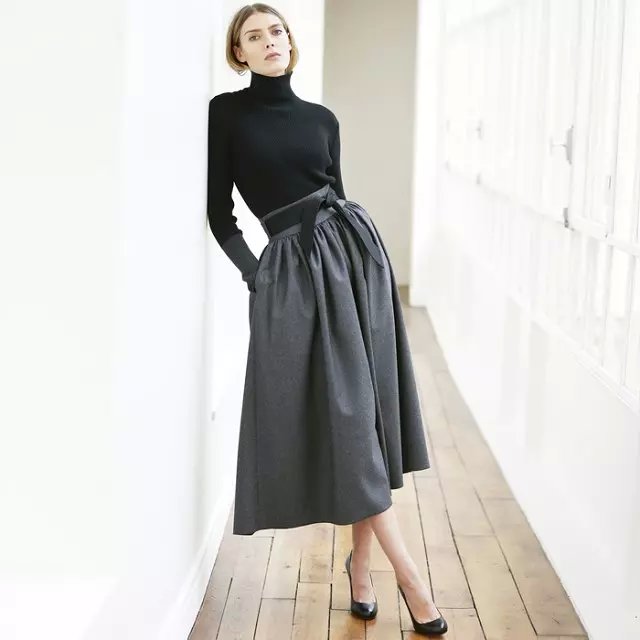 Fashion Women Elegant gray pleated Mid-Calf skirt vintage with PU leather belt high waist zipper Casual brand plus size