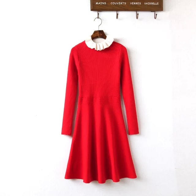 Fashion Women elegant Korean style sweet red knitted Pleated mini Dress long Sleeve Ruffled neck casual brand female