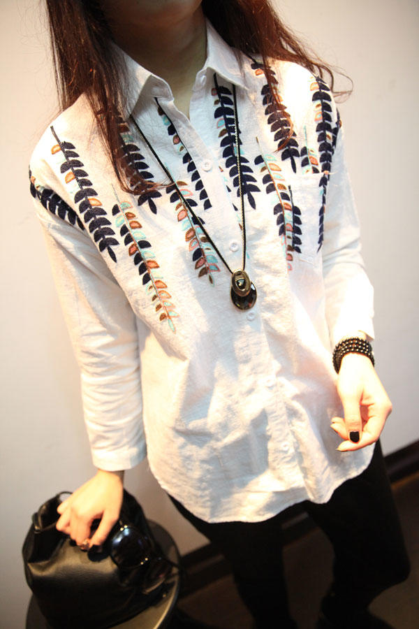 Fashion women elegant leaf embroidery white Turn-down collar buttons blouses casual brand Long Sleeve female shirts