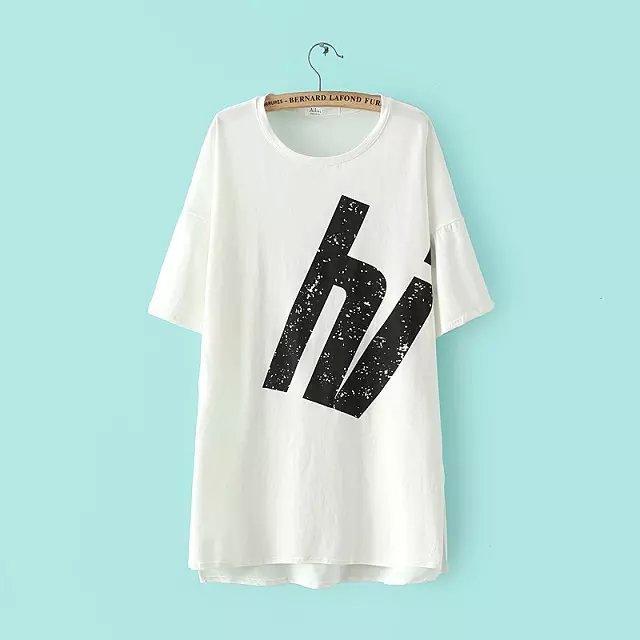 Fashion women Elegant Letter print white cotton long T-shirt O Neck Half sleeve side open Casual streetwear Brand Tops