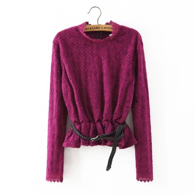 Fashion Women elegant purple lace thick hollow out short Blouses Casual long sleeve with belt Shirts ruffle brand female