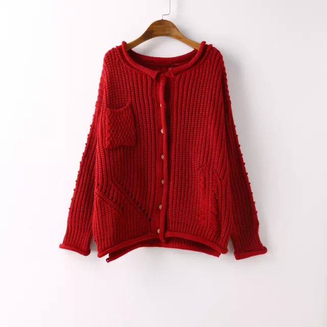 Fashion Women Elegant Red Knitted Cardigan long Sleeve Ripped pocket button O-neck Casual Outwear Sweaters