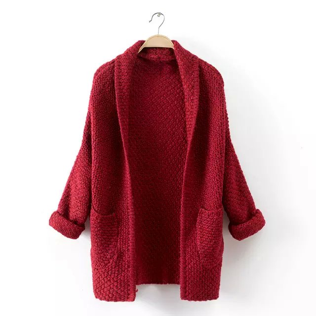 Fashion women elegant Red Knitted Turn-down collar cardigan Batwing sleeve pocket coats casual outwear sweaters brand tops