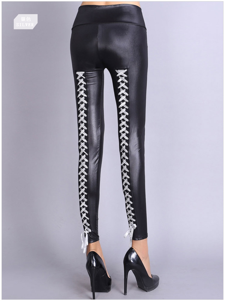 Fashion women elegant sexy faux leather Back Bow Tie pencil pants Leggings trouses Stretch high waist casual fit brand