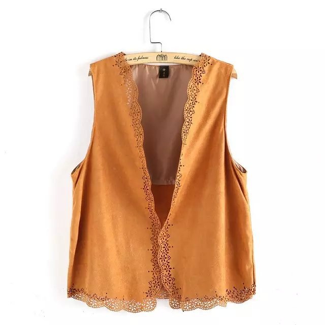 Fashion Women Elegant Sleeveless Vintage Hollow Out suede Leather Vests jacket Outerwear Casual brand Tops