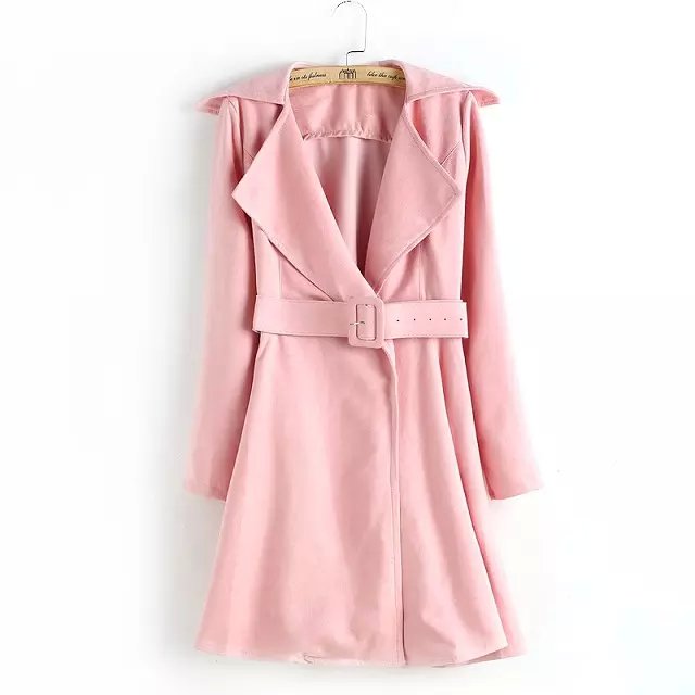Fashion Women Elegant suede Leather Long Jacket Pink Sashes Turn-dowm Collar outwear Casual brand tops