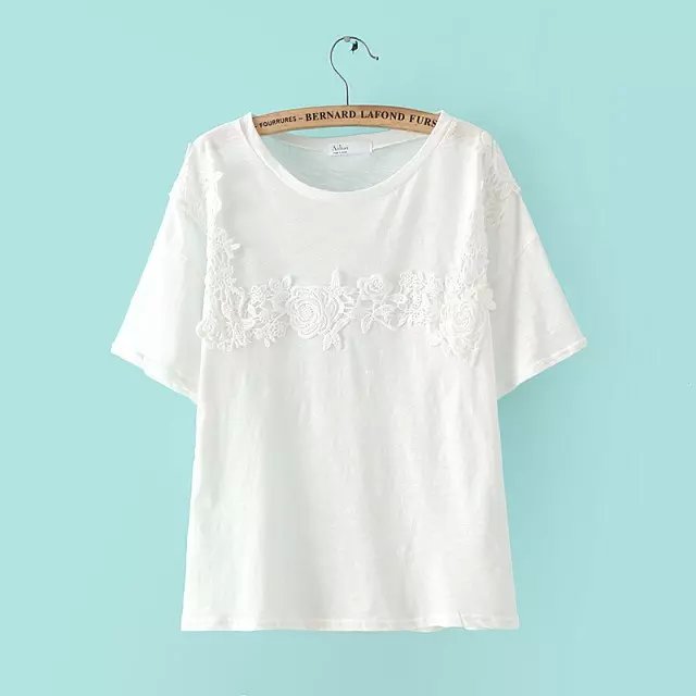 Fashion Women elegant sweet Lace Patchwork White cotton T-shirt O-neck Batwing Short Sleeve shirts casual brand tops