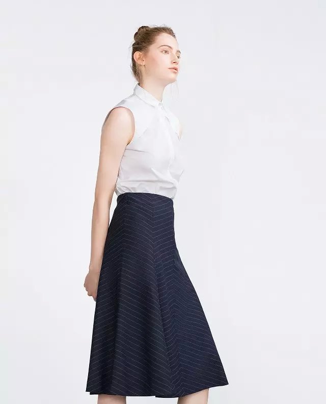 Fashion women elegant vintage blue striped print Mid-Calf pleated Skirts high waist zipper casual quality brand
