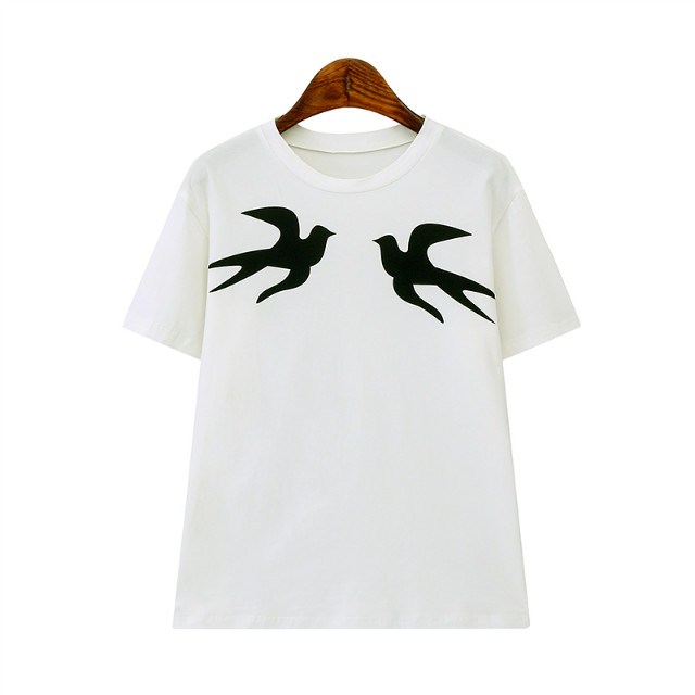 Fashion Women Elegant white Bird Print stretch T-shirt O-Neck short sleeve streetwear Shirts Casual Brand fit Tops
