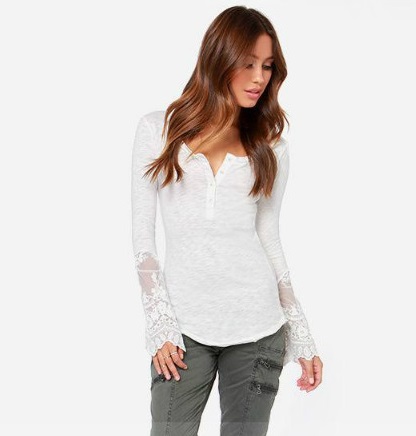 Fashion women Elegant white Lace patchwork Long Sleeve T-shirt button O-neck shirts casual Fit female plus size