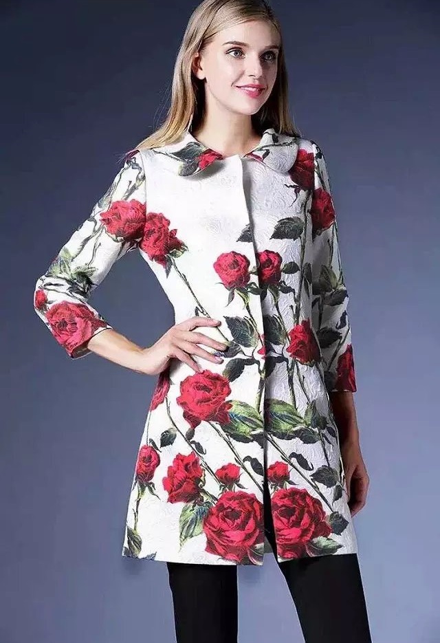Fashion women Elegant white rose print button long sleeve turn-down collar pocket Coat casual jacket brand designer Tops