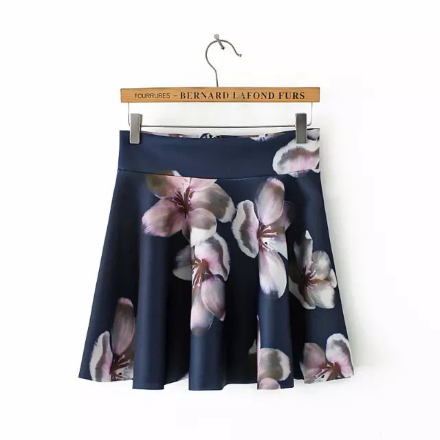 Fashion Women Elegant Winter blue Cotton floral Print mini pleated skirts Back Zipper Vintage high waist Casual brand