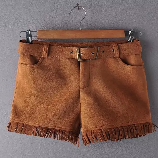Fashion Women Elegant Winter brown Suede Leather Shorts with belt pocket tassel Casual Brand designer quality