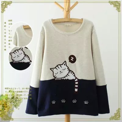 Fashion Women elegant winter Cat Embroidery pullover Casual loose O-neck hoodies long Sleeve sweatshirts brand Tops