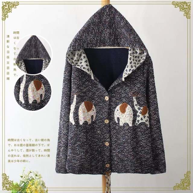 Fashion Women Elegant Winter Colored yarn Knitted elephant Embroidery Cardigan long Sleeve Casual Button hooded Sweaters