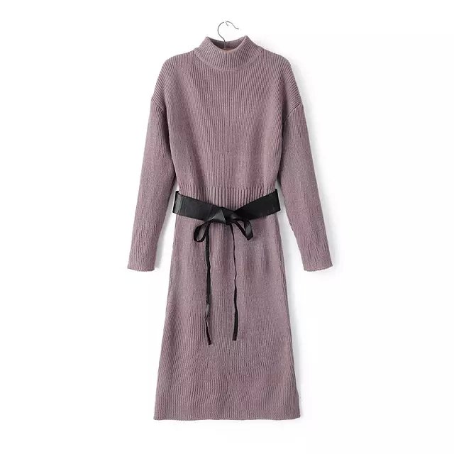 Fashion Women Elegant winter purple Knitted with belt Mid-Calf Dress long Sleeve Turtleneck stretch fit Casual brand female