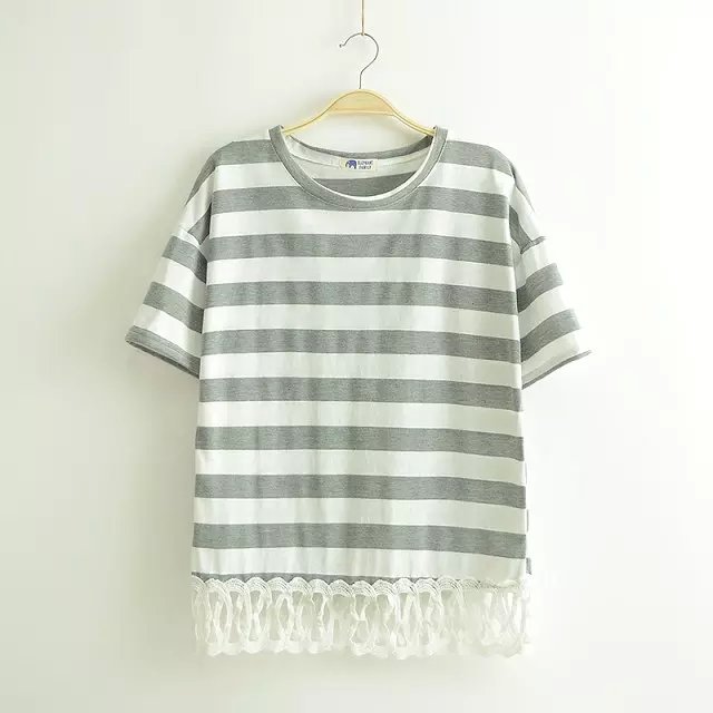 Fashion women gray striped print sweet T-shirt Lace Patchwork hollow out O-neck Short sleeve shirts casual brand tops