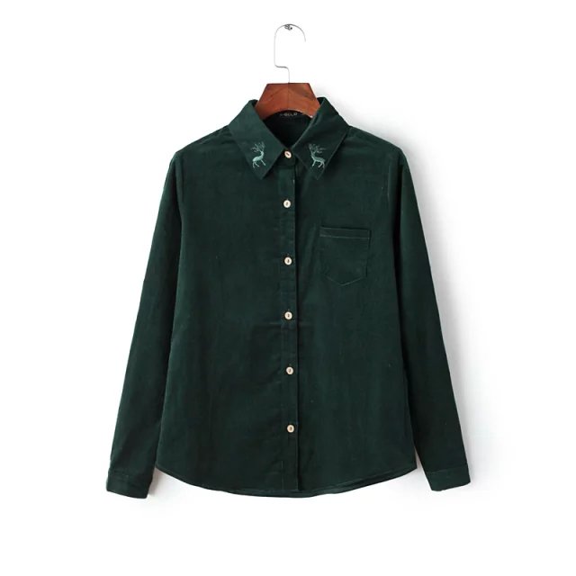 Fashion women green Deer Embroidery turn-down collar pocket Corduroy button blouse shirt long sleeve Casual Brand female