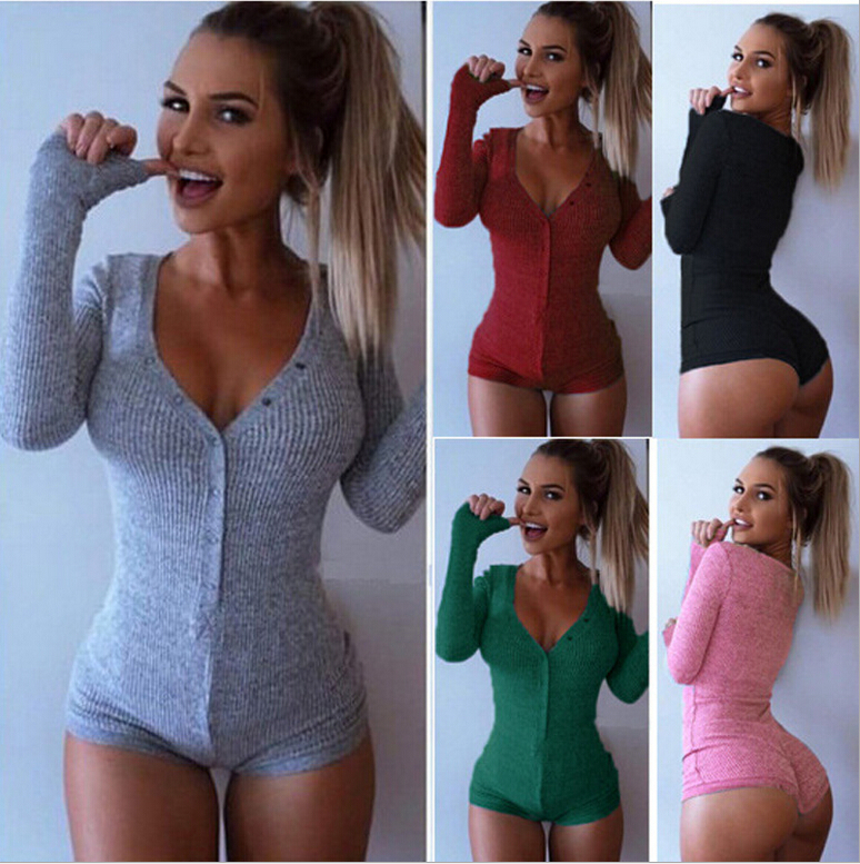 Fashion Women knitted Sexy V-neck long sleeve stretch Jumpsuit button Casual brand fit Romper for female plus size