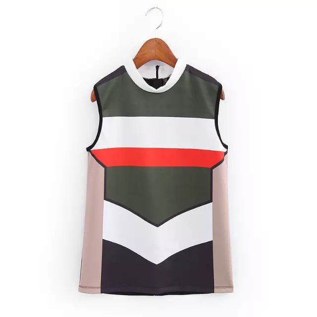 Fashion Women knitted Striped print stretch Sleeveless back zipper T-shirt Turtleneck Casual female brand designer Tank Top
