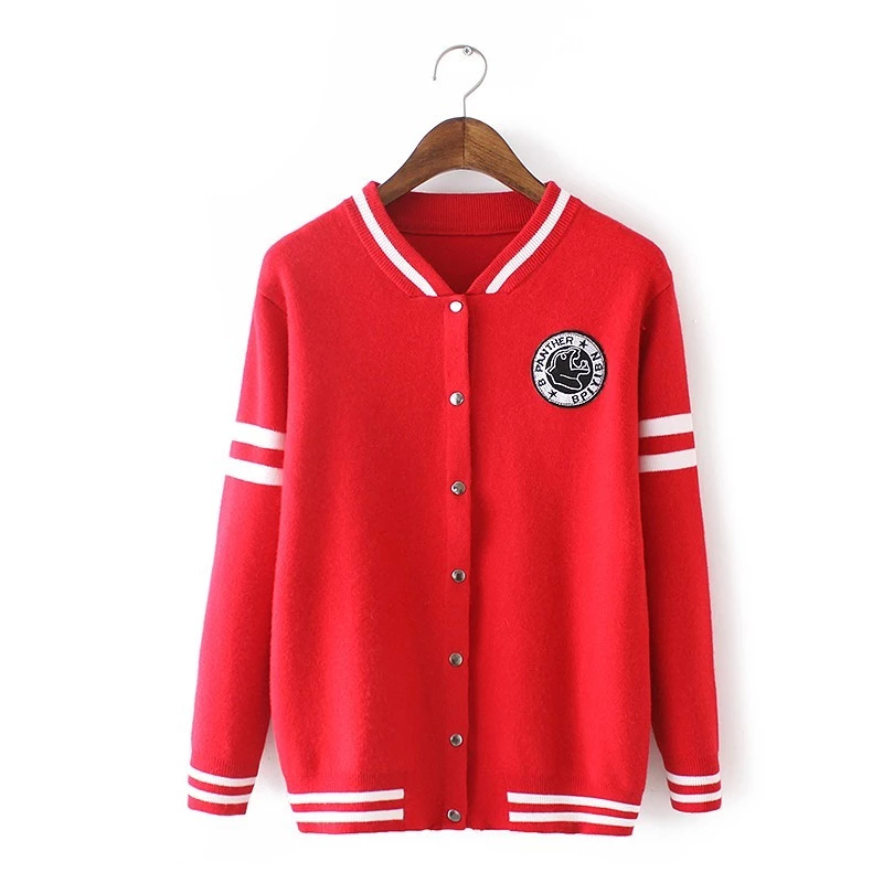 Fashion women Knitted sweater red Cashmere Embroidery patchwork button basketball jacket long sleeve casual brand Cardigan