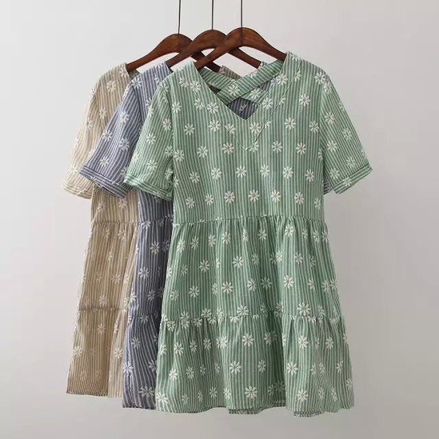 Fashion Women Korean style striped floral print mini pleated Dress back Cross hollow out V- neck Short sleeve casual brand