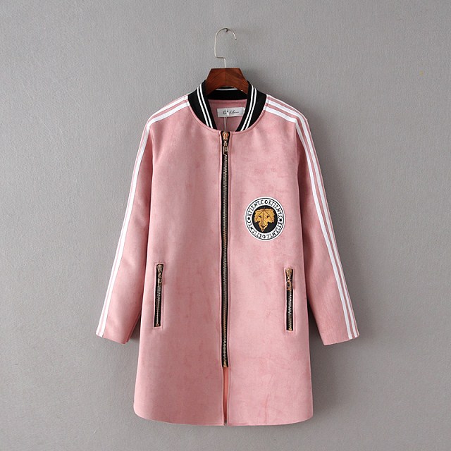 Fashion women pink Faux Suede Leather Embroidery basketball long Jacket Zipper pockert stand collar casual brand