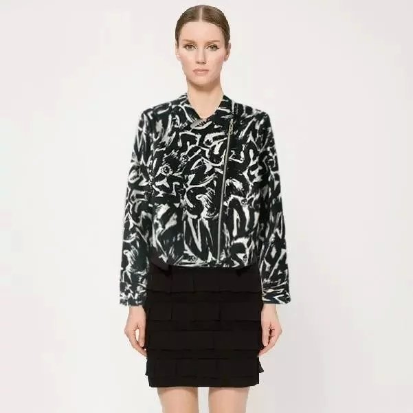 Fashion Women punk style black Print Jacket long sleeve zipper turn-down collar vintage casual jaqueta feminina