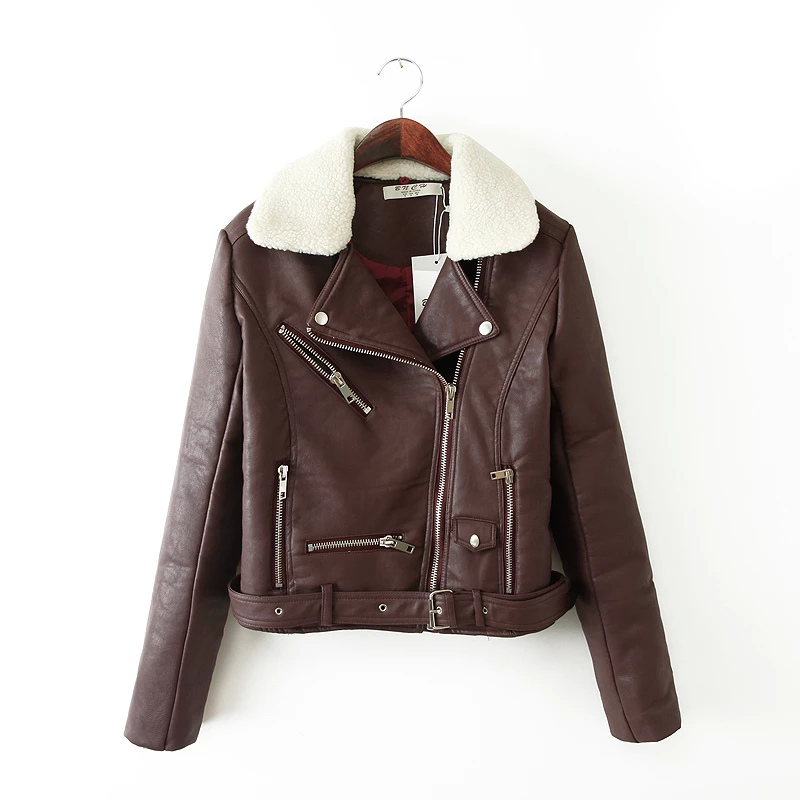 Fashion Women Punk style Winter Thick warm brown zipper faux leather Fur Remove neck pocket jacket coat casual jaqueta