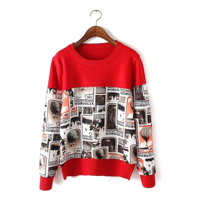 Fashion women red Stamp print patchwork knitted pullover knitwear long sleeve Casual O-neck streetwear brand sweater tops