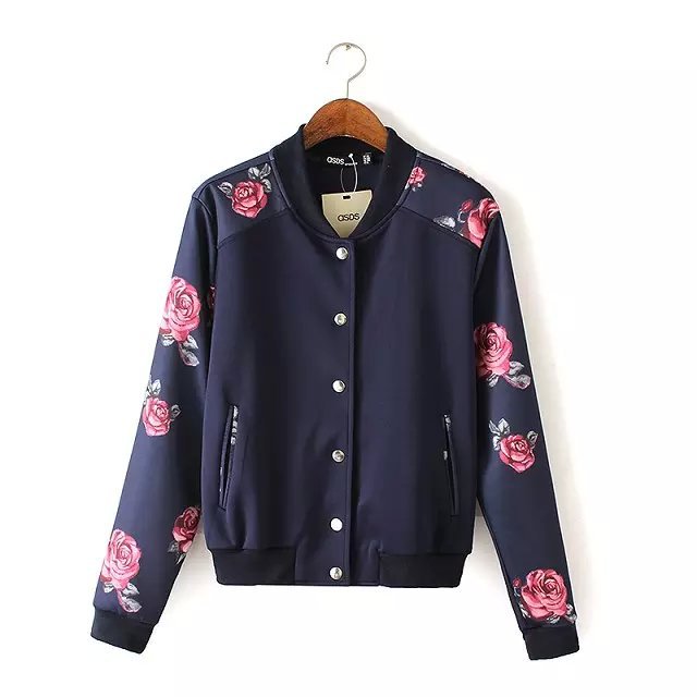 Fashion Women Rose Floral print coat outwear pockets Jacket O-neck long sleeve casual brand tops