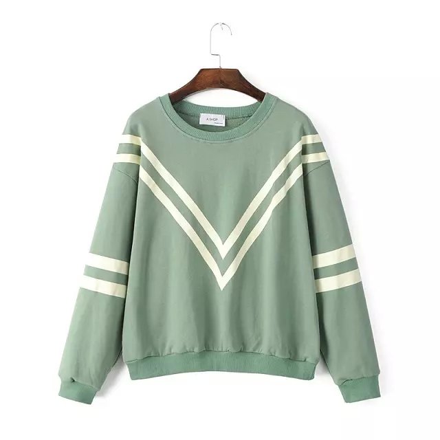 Fashion women school style green striped print sport pullovers Casual batwing Sleeve O-neck sweatshirts hoodies brand