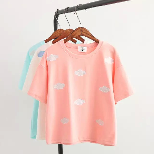 Fashion Women school style sweet clouds Print cotton short T-shirt batwing short sleeve O-neck casual brand shirts