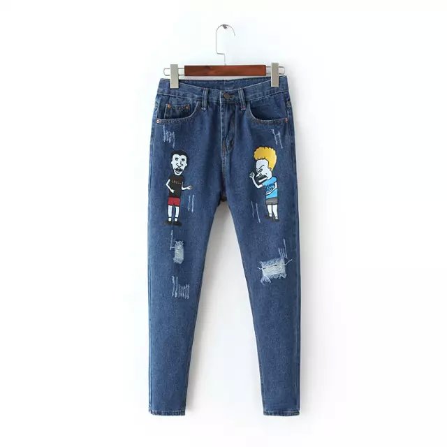Fashion Women School Style Zipper pocket blue Denim jeans Cartoon print trousers ripped Casual streetwear pants plus size